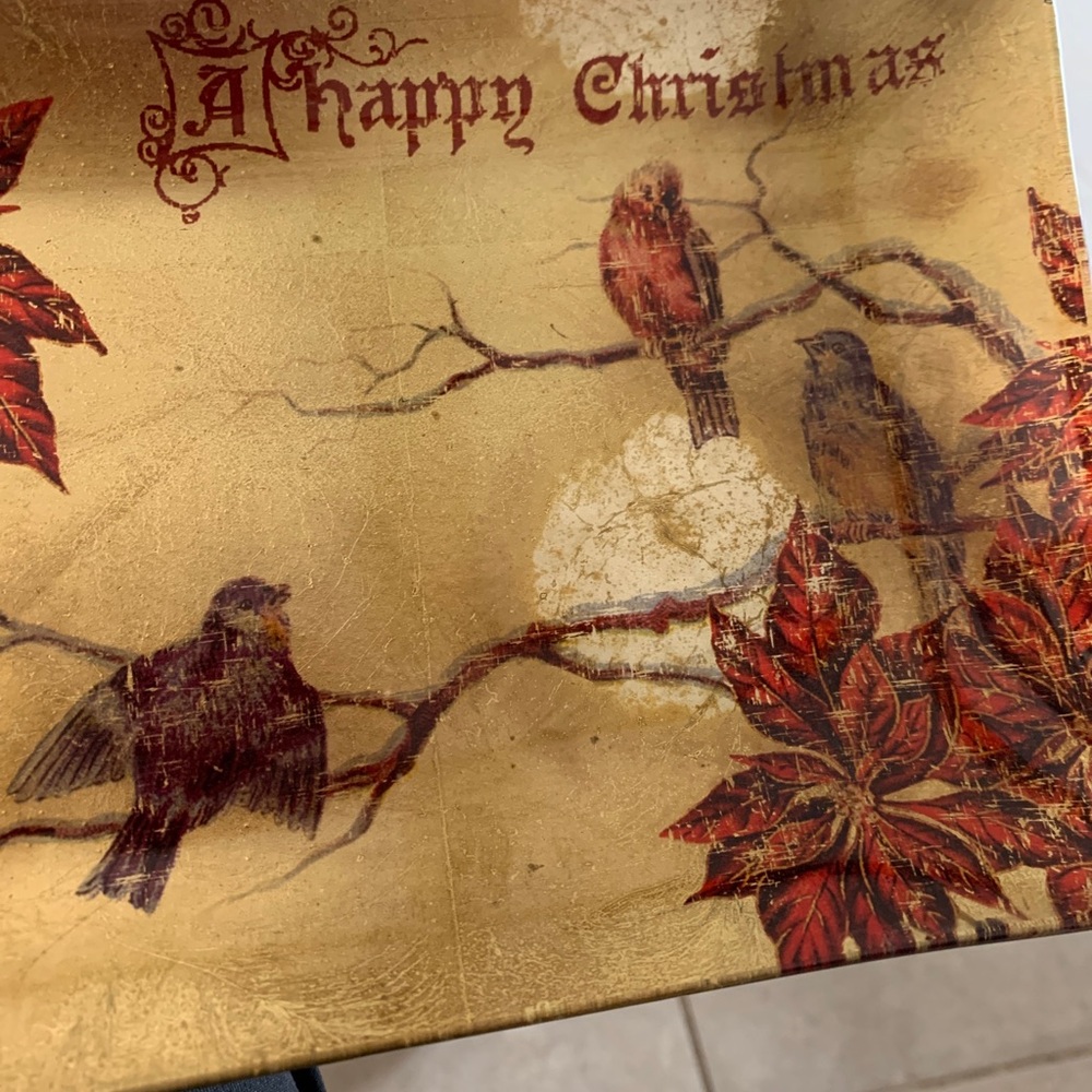 Zodax “A Happy Christmas” glass decorative plate with gold backing. Red/Gold